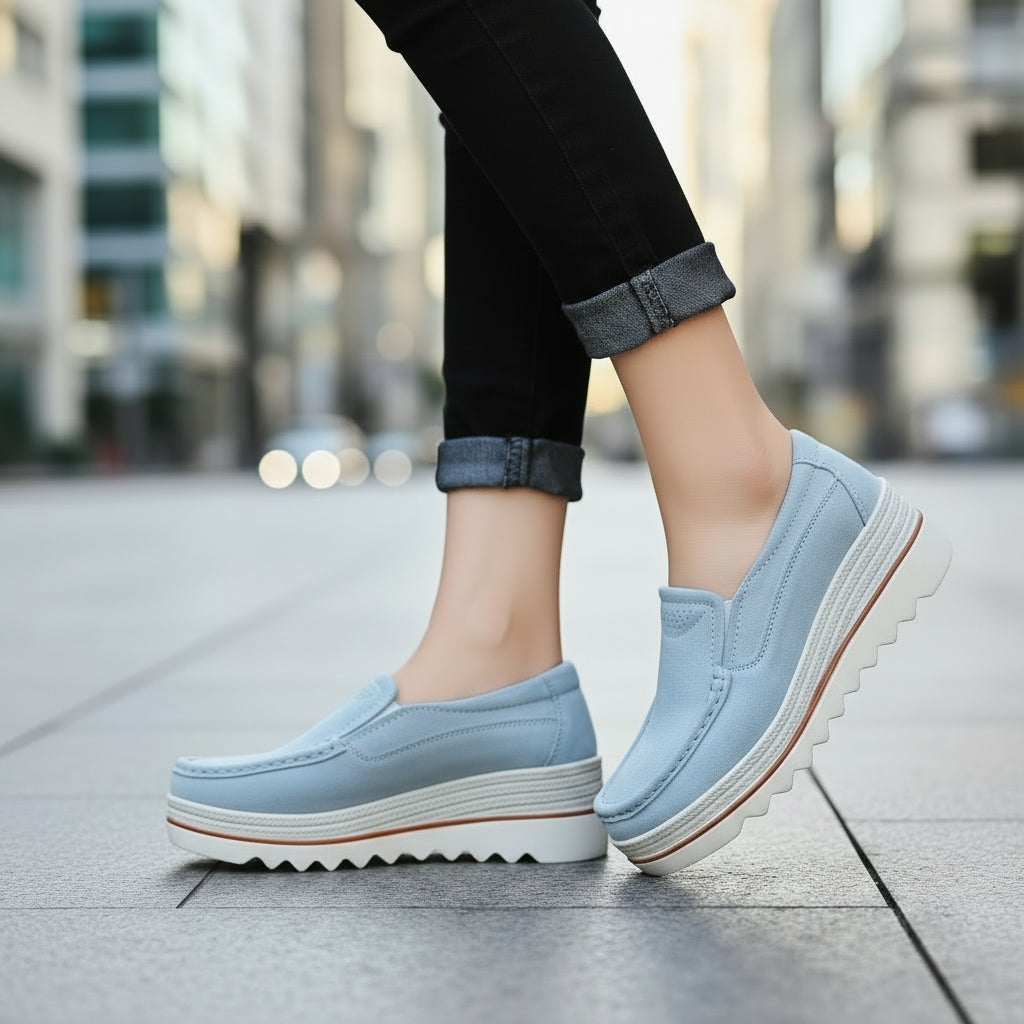 Light blue slip-on shoes worn on a wooden floor