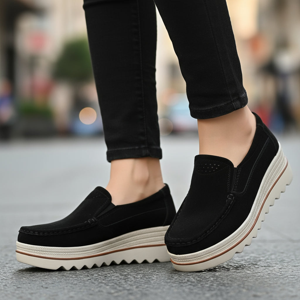 Black loafer shoe with a white sole on a white background